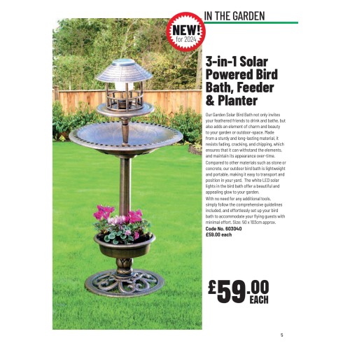 603040 3 in 1 Solar Powered Bird Bath, Feeder & Planter