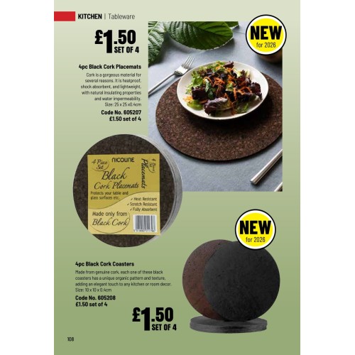 605207 4pc Black Cork Placemats