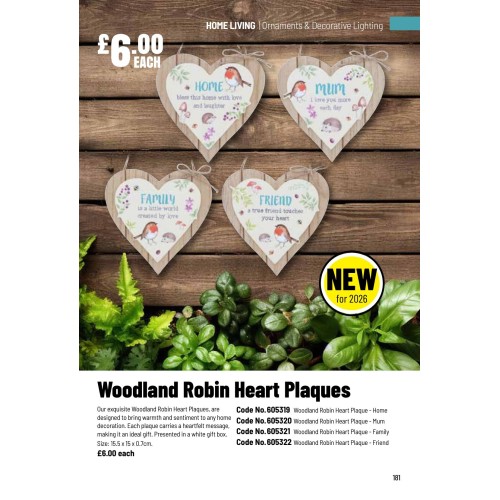 605319 Woodland Robin Heart Plaque - Home