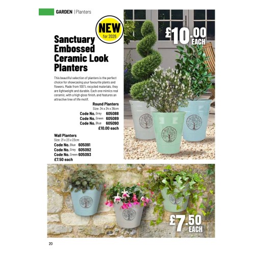 605088 Embossed Ceramic Look Round Planters -  Grey
