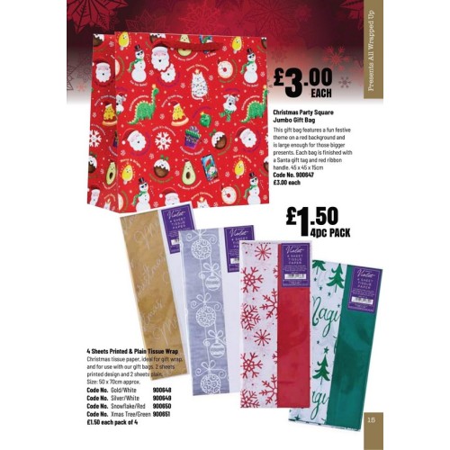 900650 4pk Printed & Plain Tissue Wrap Snowflake/Red 